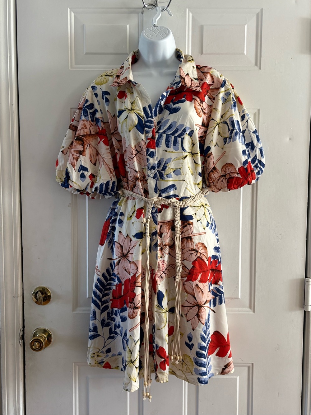 Floral Button-Front Midi Dress with Tie Belt - White Multi.Size 1X